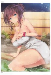 Rule 34 | 1girl, absurdres, ariko youichi, arm support, artist name, bare shoulders, blue eyes, blurry, blurry background, blush, breasts, brown hair, fingernails, highres, jewelry, large breasts, looking at viewer, naked towel, necklace, night, night sky, onsen, outdoors, page number, scan, scrunchie, shiny skin, sky, solo, steam, toranoana, towel, water, water drop, wet, white towel, wrist scrunchie