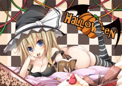 Rule 34 | 1girl, ass, blonde hair, blue eyes, blush, book, breasts, butt crack, cake, candy, checkered background, cleavage, collarbone, cookie, downpants, female focus, food, fruit, halloween, hat, hat ribbon, head rest, holding, holding book, kirisame marisa, long hair, looking at viewer, lying, masa (miyabitei), mouth hold, on stomach, open book, panties, pocky, ribbon, solo, strawberry, striped clothes, striped thighhighs, thighhighs, touhou, underwear, witch hat, yellow eyes