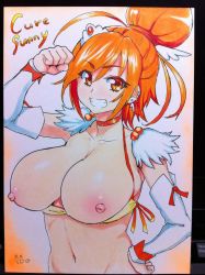 Rule 34 | 10s, 1girl, :d, arm warmers, bikini, breasts, choker, clenched hand, collarbone, cure sunny, detached sleeves, earrings, fur trim, grin, hair bun, hino akane (smile precure!), impossible clothes, jewelry, large breasts, long sleeves, looking at viewer, marble (toy), matching hair/eyes, meme50, navel, nipples, open mouth, orange eyes, orange hair, photo (medium), precure, single hair bun, smile, smile precure!, solo, swimsuit, teeth, tiara, traditional media, upper body, white background