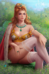 Rule 34 | 1girl, anna henrietta, artist name, blonde hair, blue eyes, bow, bra, breasts, bug, butterfly, cape, closed mouth, commentary, day, earrings, fur-trimmed cape, fur trim, gem, hand on own thigh, highres, insect, jewelry, knee up, lingerie, lips, long hair, looking at viewer, medium breasts, mole, mole on cheek, necklace, outdoors, panties, prywinko, red cape, ring, sitting, solo, strap slip, the witcher (series), thighhighs, tiara, tree, underwear, white thighhighs, yellow bow, yellow bra, yellow panties