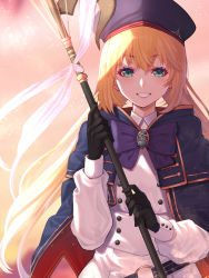 Rule 34 | 1girl, artoria caster (fate), artoria caster (second ascension) (fate), artoria pendragon (fate), belt, beret, black gloves, blonde hair, blush, bow, bowtie, breasts, buttons, capelet, collared shirt, commentary request, double-breasted, fate/grand order, fate (series), gloves, green eyes, grin, hat, highres, holding, holding staff, jacket, long hair, long sleeves, looking at viewer, mikan (chipstar182), o-ring, o-ring belt, outdoors, pantyhose, parted lips, purple bow, purple bowtie, purple capelet, purple hat, red capelet, shirt, skirt, smile, solo, staff, striped belt, twintails, upper body, white jacket