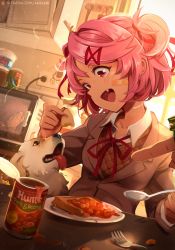 Rule 34 | 1other, 2girls, absurdres, bandaid, bandaid on cheek, bandaid on face, beans, beans on toast, bread, bread slice, can, commentary, dog, doki doki literature club, english commentary, fang, food, fork, highres, holding, holding spoon, khyle., multiple girls, natsuki (doki doki literature club), nissin cup noodle, open mouth, pink eyes, pink hair, plate, pointing, school uniform, solo focus, spoon, toast, twintails, watermark, web address