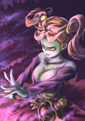 Rule 34 | 1girl, alternate skin color, breasts, cleavage, colored skin, corruption, dark persona, dragon quest, dragon quest viii, evil, evil smile, green skin, jessica albert, matching hair/eyes, possessed, possession, red eyes, red hair, rhapthorne, smile, twintails