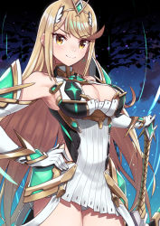 Rule 34 | 1girl, armor, armpits, bare shoulders, blonde hair, breasts, cleavage, cleavage cutout, clothing cutout, dress, gem, gloves, headpiece, large breasts, lo xueming, long hair, looking at viewer, mythra (xenoblade), nintendo, solo, swept bangs, sword, tiara, weapon, xenoblade chronicles (series), xenoblade chronicles 2, yellow eyes