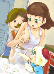Rule 34 | 00s, 1boy, 1girl, apron, breast milk, breasts, cereal, cloud, cloud (marshmallow times), grabbing, grabbing another&#039;s breast, hetero, lactation, marshmallow times, milk, naked apron, sandy mama, sandy mama (marshmallow times), sandy papa, sandy papa (marshmallow times), what