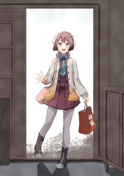 Rule 34 | 1girl, absurdres, aqua necktie, bad id, bad pixiv id, bag, blue eyes, blush, boots, brown hair, cross-laced footwear, full body, grey pantyhose, hair between eyes, highres, holding, holding bag, jacket, kantai collection, kazagumo (kancolle), lace-up boots, long hair, long sleeves, ludens (inonaka koubou), necktie, open clothes, open jacket, open mouth, pantyhose, ponytail, purple skirt, purple vest, skirt, smile, solo, vest