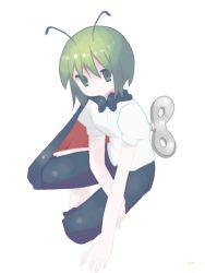 Rule 34 | 1girl, antennae, black cape, black shorts, cape, closed mouth, collared shirt, commentary request, full body, green eyes, green hair, kari (atsuki 565), looking at viewer, red cape, shirt, short hair, short sleeves, shorts, simple background, solo, touhou, two-sided cape, two-sided fabric, white background, white shirt, winding key, wriggle nightbug