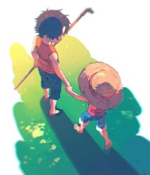 Rule 34 | 2boys, aged down, black hair, blue shorts, child, chromatic aberration, from above, hat, highres, holding, holding hands, holding stick, male focus, monkey d. luffy, multiple boys, one piece, orange tank top, portgas d. ace, short hair, shorts, stick, straw hat, tako jirou, tank top, walking