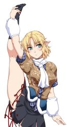 Rule 34 | 1girl, arm up, arm warmers, black skirt, blonde hair, blush, closed mouth, green eyes, leg up, looking at viewer, mizuhashi parsee, ootsuki wataru, pointy ears, scarf, short hair, simple background, skirt, solo, split, standing, standing on one leg, standing split, touhou, white background, white scarf