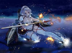 Rule 34 | 1girl, anchor choker, artillery, artist request, azur lane, black footwear, breasts, brown skirt, choker, cleavage, explosion, frilled choker, frilled skirt, frills, full body, hairband, highres, holding, holding sword, holding weapon, lace-trimmed hairband, lace trim, large breasts, outstretched leg, red eyes, red ribbon, ribbon, rigging, shoes, short hair, silver hair, sirius (azur lane), skirt, solo, sword, thighhighs, water, weapon, white thighhighs, zettai ryouiki