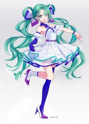 Rule 34 | 1girl, blue thighhighs, full body, green hair, hatsune miku, highres, long hair, single thighhigh, solo, standing, standing on one leg, thighhighs, tiv, twintails, very long hair, vocaloid