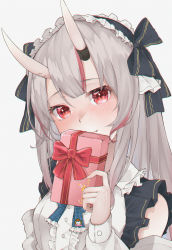 Rule 34 | 1girl, bad id, bad pixiv id, blush, bow, box, closed mouth, commentary, english commentary, fang, fang out, gift, gift box, hairband, head tilt, highres, holding, holding gift, hololive, horns, light smile, lolita hairband, long hair, looking at viewer, nakiri ayame, nakiri ayame (girly), red bow, red eyes, red ribbon, ribbon, silver hair, skin-covered horns, solo, toto (kuro toto), upper body, valentine, virtual youtuber, white background