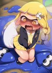 Rule 34 | 1boy, arms between legs, bike shorts, blonde hair, blush, braid, crossdressing, crying, crying with eyes open, dagashi (daga2626), embarrassed, fangs, hair ornament, highres, inkling, inkling player character, kneehighs, legs together, long sleeves, necktie, nintendo, open mouth, paint splatter, pointy ears, shirt, short shorts, shorts, skirt, socks, splatoon (series), standing, tears, tentacle hair, thick eyebrows, tongue, trap, vest, white shirt, wing collar, yellow eyes, yellow necktie, yellow skirt, yellow vest
