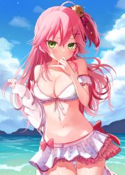 Rule 34 | 1girl, absurdres, ahoge, bell, bikini, bikini skirt, blue sky, blush, bow, cloud, covering own mouth, day, frilled bikini, frilled skirt, frills, front-tie bikini top, front-tie top, green eyes, hair bell, hair ornament, hand in own hair, highres, holding, holding hair, hololive, ineka ka, jingle bell, layered skirt, long hair, looking at viewer, miniskirt, navel, ocean, one side up, outdoors, pink hair, pleated skirt, print bikini, red bow, sakura miko, skirt, sky, solo, stomach, swimsuit, virtual youtuber, water, white bikini, white skirt, x hair ornament