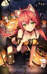 Rule 34 | 1girl, absurdres, animal ears, bare shoulders, bell, bridal garter, collar, collarbone, fake animal ears, fang, fang out, green eyes, hair ornament, halloween, halloween bucket, highres, hololive, low twintails, nail polish, neck bell, pink hair, sakura miko, shiotsuke sasami, thighhighs, twintails, virtual youtuber