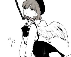 Rule 34 | 1girl, all fours, angel wings, arm support, bdsm, beret, black hat, black ribbon, black skirt, bow, bowtie, brown eyes, brown hair, collar, commentary request, crying, crying with eyes open, dated, feet out of frame, half-closed eyes, hat, hatoba tsugu, leash, leash pull, limited palette, long sleeves, open mouth, ribbon, rokka seira, sailor collar, shirt tucked in, short hair, simple background, skirt, slave, solo, suspender skirt, suspenders, tears, tsugu (vtuber), virtual youtuber, white background, wings