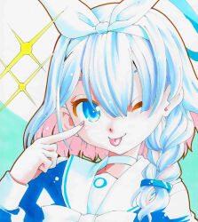 Rule 34 | 1girl, arona (blue archive), blue archive, blue eyes, blue hair, bow, braid, choker, commentary request, finger to eye, hair bow, hair ornament, hair over shoulder, hairclip, long sleeves, looking at viewer, mizuki hitoshi, multicolored hair, one eye closed, pink hair, sailor collar, sailor shirt, shirt, short hair, solo, sparkle, tongue, tongue out, upper body