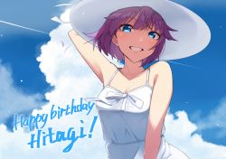 Rule 34 | 1girl, absurdres, alternate costume, arm up, bakemonogatari, blue eyes, blue sky, breasts, cleavage, cloud, cloudy sky, collarbone, commentary request, dress, english text, happy birthday, highres, kaikistride, looking at viewer, medium breasts, medium hair, mixed-language commentary, monogatari (series), outdoors, purple hair, senjougahara hitagi, shadow, sky, smile, solo, sundress, teeth, upper body, white dress, white headwear