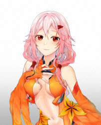 Rule 34 | 1girl, bare shoulders, breasts, center opening, cleavage, detached sleeves, fingerless gloves, gloves, guilty crown, hair ornament, hairclip, highres, looking at viewer, medium breasts, pink hair, red eyes, sarina (tosiyukiryousuke), smile, solo, twintails, upper body, yuzuriha inori
