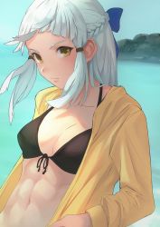Rule 34 | 1girl, abs, bikini, bikini top only, black bikini, blue ribbon, blunt bangs, braid, breasts, brown hair, cleavage, collarbone, fate/grand order, fate (series), french braid, jacket, long hair, long sleeves, looking at viewer, medium breasts, muscular, muscular female, navel, open clothes, open jacket, otsukemono, penthesilea (fate), ribbon, sidelocks, solo, swimsuit, white hair, yellow jacket