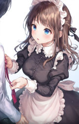 Rule 34 | 1boy, 1girl, apron, black ribbon, blue eyes, blush, breasts, brown hair, buttons, collared shirt, dress, fingernails, frilled dress, frills, hair ornament, half updo, highres, juliet sleeves, long hair, long sleeves, looking at another, looking up, maid, maid apron, maid headdress, medium breasts, necktie, open mouth, original, out of frame, puffy sleeves, r o ha, ribbon, shirt, sidelocks, simple background, skirt, solo focus, white background, white shirt