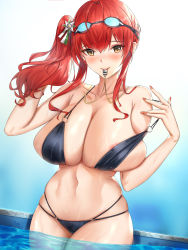 Rule 34 | 1girl, absurdres, areola slip, azur lane, bare shoulders, bikini, black bikini, blue background, blush, breasts, cleavage, closed mouth, collarbone, goggles, goggles on head, gradient background, highres, large breasts, long hair, looking at viewer, mouth hold, multi-strapped bikini, nail polish, navel, nipple slip, nipples, o-ring, o-ring bikini, poolside, red hair, side ponytail, sidelocks, solo, strap pull, swimsuit, wet, whistle, whistle around neck, wu ganlan cai, yellow eyes, zara (azur lane), zara (poolside coincidence) (azur lane)
