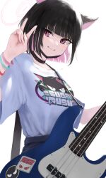 Rule 34 | 1girl, absurdres, animal ears, bass guitar, black choker, black hair, black mask, blue archive, blush, bracelet, cat ears, choker, colored inner hair, extra ears, halo, highres, instrument, jewelry, kazusa (band) (blue archive), kazusa (blue archive), lamp p9, logo, looking at viewer, mask, mask pull, mouth mask, multicolored hair, official alternate costume, pink eyes, pink hair, print shirt, shirt, shirt tucked in, short hair, short sleeves, simple background, smile, solo, two-tone hair, v, white background, white shirt