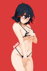 Rule 34 | 10s, 1girl, bikini, black bikini, black hair, blue eyes, blush, breasts, covering privates, covering breasts, covering crotch, embarrassed, streaked hair, hip focus, kill la kill, large breasts, matoi ryuuko, md5 mismatch, micro bikini, multicolored hair, navel, owler, red background, revision, short hair, solo, strap gap, swimsuit, thighs, underboob