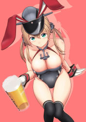 Rule 34 | anchor earrings, anchor necklace, animal ears, bare shoulders, beer mug, blonde hair, blue eyes, breasts, cleavage, cup, dated, earrings, fake animal ears, gloves, grey hat, hair between eyes, hat, holding, jewelry, kantai collection, large breasts, leotard, light blush, long hair, looking at viewer, military hat, moke ro, mug, necklace, playboy bunny, prinz eugen (kancolle), rabbit ears, red background, smile, solo, thighhighs, twintails, twitter username, white gloves, wrist cuffs