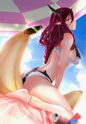 Rule 34 | 1girl, absurdres, ass, banana, barefoot, beach umbrella, bikini, breasts, can, day, drink can, food, fruit, highres, hololive, hololive english, horns, inflatable toy, irys (hololive), legs, long hair, looking at viewer, multicolored hair, pointy ears, purple eyes, purple hair, red hair, sky, soda can, solo, swimsuit, the raineman, toes, umbrella, virtual youtuber