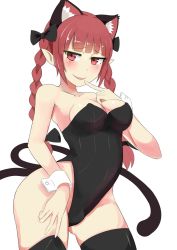 Rule 34 | 1girl, animal ears, bad id, bad twitter id, black thighhighs, blush, bow, braid, bulge, cat ears, cat tail, extra ears, fangs, hair bow, hair ornament, highres, jpeg artifacts, kaenbyou rin, kittysuit, leotard, long hair, looking at viewer, md5 mismatch, miyahara gouto, multiple tails, nontraditional playboy bunny, open mouth, pointy ears, red eyes, red hair, resized, simple background, smile, solo, tail, thighhighs, touhou, twin braids, white background, wrist cuffs