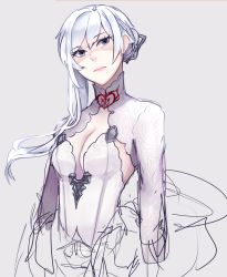 Rule 34 | 1girl, breasts, cleavage, cowboy shot, dress, ella zhao, grey eyes, highres, lips, long hair, looking at viewer, sinoalice, sketch, snow white (sinoalice), solo, turtleneck, turtleneck dress, white background, white hair