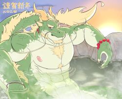 Rule 34 | 1boy, animal ears, asano (asanoozeann), bara, beard, blonde hair, chest tuft, chinese zodiac, cloaca, dragon boy, dragon ears, dragon horns, dragon tail, facial hair, forked eyebrows, fur-tipped tail, furry, furry male, goatee, green fur, highres, horns, huge pectorals, large hands, large pectorals, looking at viewer, male focus, mature male, muscular, muscular male, nipples, onsen, original, outstretched arms, pectorals, see-through, sideburns, solo, spread arms, sunrise, tail, thick beard, thick eyebrows, year of the dragon