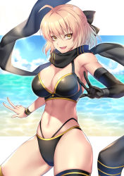 Rule 34 | 1girl, ahoge, armband, asymmetrical gloves, asymmetrical legwear, bad id, bad pixiv id, bikini, black bikini, black bow, black gloves, black legwear, black scarf, blonde hair, blue sky, bow, breasts, cleavage, cloud, commentary request, fate/grand order, fate (series), gloves, hair between eyes, hair bow, highleg, highres, large breasts, nasaniliu, navel, ocean, okita j. souji (fate), okita j. souji (first ascension) (fate), okita souji (fate), okita souji (koha-ace), revision, scarf, short hair, single glove, skindentation, sky, smile, solo, swimsuit, thigh strap, uneven gloves, uneven legwear, white background, yellow eyes