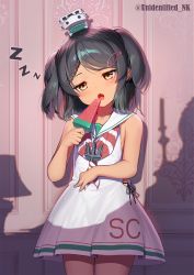 Rule 34 | 1girl, anchor ornament, black hair, blush, braid, brown eyes, commentary request, dress, eating, food, hair ornament, hairclip, highres, indoors, kantai collection, looking at viewer, mole, mole under eye, neckerchief, open mouth, popsicle, sailor collar, sailor dress, scirocco (kancolle), short hair, sleeveless, sleeveless dress, solo, striped neckerchief, striped neckwear, tan, two side up, unidentified nk, watermelon bar, white dress, white sailor collar, zzz