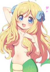 Rule 34 | 1girl, :d, ahoge, arm behind head, arm up, blonde hair, blue bow, blue eyes, blush, bow, breasts, collarbone, commentary, cowboy shot, fangs, hair bow, hair censor, hand up, happy, heart, highres, holding, holding hair, jashin-chan, jashin-chan dropkick, lamia, long hair, looking at viewer, monster girl, navel, open mouth, ransusan, scales, shiny skin, simple background, smile, solo, wavy hair, white background