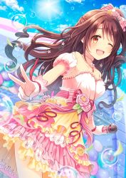 Rule 34 | 10s, 1girl, blurry, brown eyes, brown hair, bubble, depth of field, highres, idolmaster, idolmaster cinderella girls, idolmaster cinderella girls starlight stage, long hair, looking at viewer, microphone, one eye closed, one side up, open mouth, serino itsuki, shimamura uzuki, solo, v