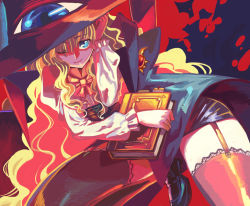 Rule 34 | 00s, 1girl, blonde hair, book, cape, curly hair, garter straps, hat, lilith (yamibou), looking at viewer, miniskirt, omake3213, one eye closed, pencil skirt, skirt, solo, thighhighs, wink, witch hat, yami to boushi to hon no tabibito, zettai ryouiki