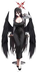 Rule 34 | 1girl, black dress, black footwear, black hair, black wings, blue archive, breasts, cleavage, closed mouth, collarbone, corrupted twitter file, dongtan dress, dress, feathered wings, full body, gnns, grey jacket, halo, hasumi (blue archive), highres, jacket, large breasts, long hair, long sleeves, looking at viewer, meme attire, open clothes, open jacket, red eyes, red halo, shoes, simple background, solo, very long hair, white background, wings