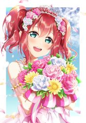 Rule 34 | 1girl, absurdres, aqua eyes, arm garter, artist name, artist request, bare shoulders, blue sky, blush, bouquet, bow, breasts, close-up, cloud, collarbone, day, dress, female focus, flower, flower dress, green eyes, hair between eyes, hair flower, hair ornament, highres, holding, holding bouquet, jewelry, kurosawa ruby, looking at viewer, love live!, love live! school idol festival, love live! sunshine!!, necklace, outdoors, parted lips, pearl necklace, pink bow, pink flower, pink petals, plaid, plaid dress, pleated, pleated dress, red hair, short hair, sky, sleeveless, sleeveless dress, smile, solo, teeth, tiara, twintails, two side up, upper body, wedding dress, white bow, white dress, white flower