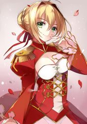 Rule 34 | 10s, 1girl, ahoge, blonde hair, braid, breasts, center opening, cleavage, closed mouth, dress, epaulettes, fate/extra, fate (series), french braid, green eyes, hair between eyes, hair bun, hair intakes, hair ribbon, hand up, juliet sleeves, large breasts, leotard, long sleeves, looking at viewer, nero claudius (fate), nero claudius (fate) (all), nero claudius (fate/extra), petals, puffy sleeves, red dress, red ribbon, ribbon, ry thae, see-through, short hair with long locks, sidelocks, single hair bun, smile, solo, upper body, white leotard