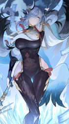 Rule 34 | 1girl, absurdres, arm up, bare shoulders, black bodysuit, blue eyes, bodysuit, braid, breast curtain, breasts, bright pupils, closed mouth, commentary, earrings, feet out of frame, floating hair, flower knot, genshin impact, gold trim, gradient eyes, grey hair, hair ornament, hair over one eye, highres, hip vent, holding, holding polearm, holding weapon, jewelry, koruse, large breasts, long hair, looking at viewer, low-braided long hair, low-tied long hair, multicolored eyes, one eye covered, polearm, puffy sleeves, shenhe (genshin impact), sidelocks, single braid, solo, swept bangs, tassel, tassel earrings, taut clothes, thigh gap, thighs, turtleneck, weapon, white pupils