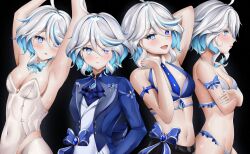 Rule 34 | 1girl, :d, absurdres, ahoge, armpits, arms up, bare shoulders, bikini, black background, blue bikini, blue eyes, blue hair, blue jacket, breasts, cleavage, covered navel, crossed arms, furina (genshin impact), genshin impact, highres, jacket, leotard, long sleeves, looking at viewer, medium breasts, multicolored hair, multiple views, no headwear, open mouth, panic (panic0w), parted lips, shirt, short hair, simple background, smile, strapless, strapless leotard, streaked hair, swimsuit, upper body, white hair, white leotard, white shirt