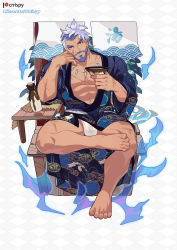 Rule 34 | 1boy, abs, absurdres, alternate costume, armpits, bara, beard, belt, bottle, bulge, chair, crossed legs, crrispy shark, cup, dark-skinned male, dark skin, elbow rest, facial hair, facial scar, full body, fundoshi, happi, head on hand, head tilt, highres, holding, holding cup, japanese clothes, jewelry, kimono, large pectorals, leaning on object, logo, looking at viewer, male focus, male underwear, mature male, multicolored hair, muscular, muscular male, mustache, necklace, old, old man, open clothes, open kimono, paid reward available, patterned background, patterned clothing, pectoral cleavage, pectorals, purple eyes, purple hair, sakazuki, sake bottle, scar, scar on cheek, scar on chest, scar on face, see-through, short hair, sitting, smile, solo, sweat, sweatdrop, tan, thick arms, thick eyebrows, thick thighs, thighs, tooth necklace, two-tone hair, underwear, vyron (world flipper), wet, wet clothes, wet fundoshi, white hair, white male underwear, world flipper
