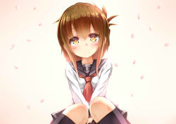 Rule 34 | 10s, 1girl, blush, brown eyes, brown hair, cherry blossoms, folded ponytail, inazuma (kancolle), kantai collection, looking at viewer, school uniform, serafuku, sitting, smile, solo, unomi, v arms