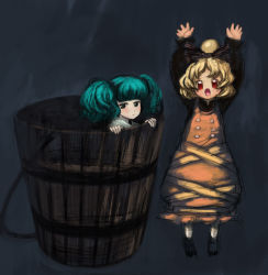 Rule 34 | 2girls, \o/, arms up, binayu, blonde hair, bucket, dark, female focus, full body, green eyes, green hair, hair ribbon, in bucket, in container, kisume, kurodani yamame, multiple girls, outstretched arms, red eyes, ribbon, standing, touhou