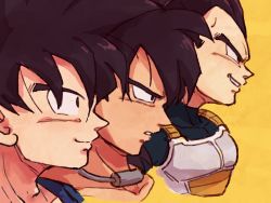 Rule 34 | 3boys, armor, black eyes, black hair, blue bodysuit, bodysuit, broly (dragon ball super), close-up, closed mouth, collar, collarbone, cropped shoulders, dragon ball, dragon ball super, dragon ball super broly, dragonball z, expressionless, facing away, from side, frown, grin, highres, lineup, looking afar, male focus, metal collar, multiple boys, parted lips, profile, simple background, smile, son goku, spiked hair, tkgsize, vegeta, yellow background