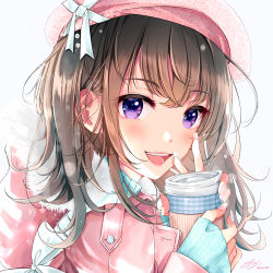 Rule 34 | 1girl, :d, absurdres, beret, blue nails, blush, brown hair, coat, commentary request, cup, disposable cup, fingernails, from side, fur-trimmed coat, fur trim, hat, hat ribbon, highres, holding, holding cup, hood, hood down, hooded coat, huge filesize, long fingernails, long hair, long sleeves, looking at viewer, looking to the side, nail polish, open mouth, original, pink coat, pink hat, pink lips, pink nails, portrait, purple eyes, ribbon, simple background, sleeves past wrists, smile, takuki takuki, teeth, unworn hat, unworn headwear, upper teeth only, v, very long fingernails, white background, white ribbon