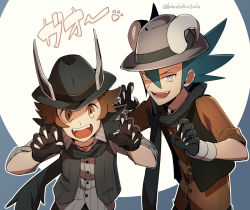 Rule 34 | 2boys, artist name, black headwear, black vest, brown eyes, brown hair, brown shirt, buttons, claw pose, collared shirt, commentary request, creatures (company), game freak, gloves, green hair, grey eyes, grey headwear, grimsley (pokemon), hat, hilbert (fall 2020) (pokemon), hilbert (pokemon), jewelry, looking at viewer, male focus, momoji (lobolobo2010), multiple boys, necklace, nintendo, official alternate costume, open clothes, open mouth, open vest, pokemon, pokemon bw, pokemon masters ex, shirt, teeth, tongue, vest, watermark