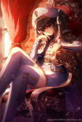 Rule 34 | 1girl, black hair, black joa, black necktie, blunt bangs, brown eyes, buttons, chair, crossed legs, curtains, double-breasted, emblem, english text, epaulettes, hair ornament, hair ribbon, hairclip, hat, head tilt, highres, indoors, jacket, light particles, long hair, long sleeves, looking at viewer, military jacket, miniskirt, mole, mole under eye, necktie, parted lips, peaked cap, ribbon, sitting, skirt, solo, thighhighs, throne, twintails, uniform, unleashed, wallpaper (object), watermark, white jacket, white ribbon, white skirt, white thighhighs, window